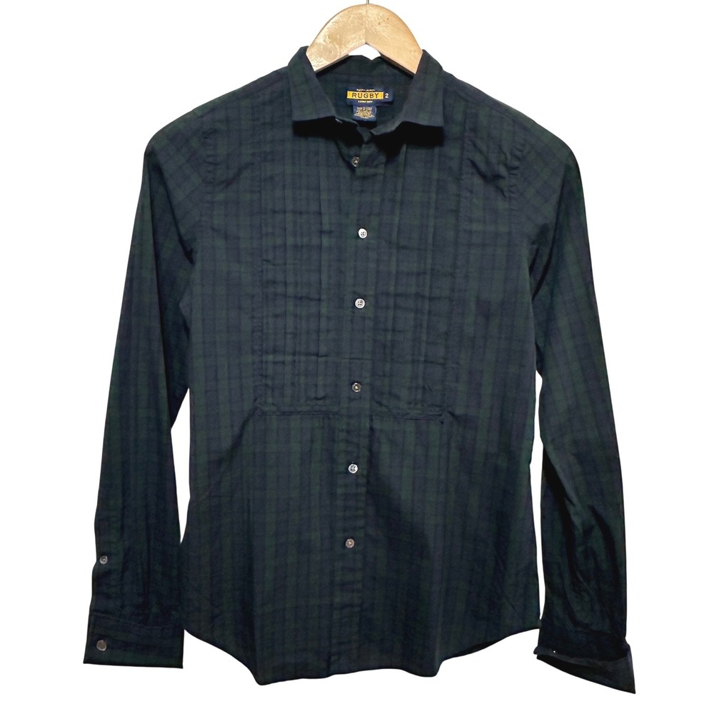 Ralph Lauren Rugby‎ Button Up Blouse Women 2 Plaid Pleated Tuxedo Bib Preppy